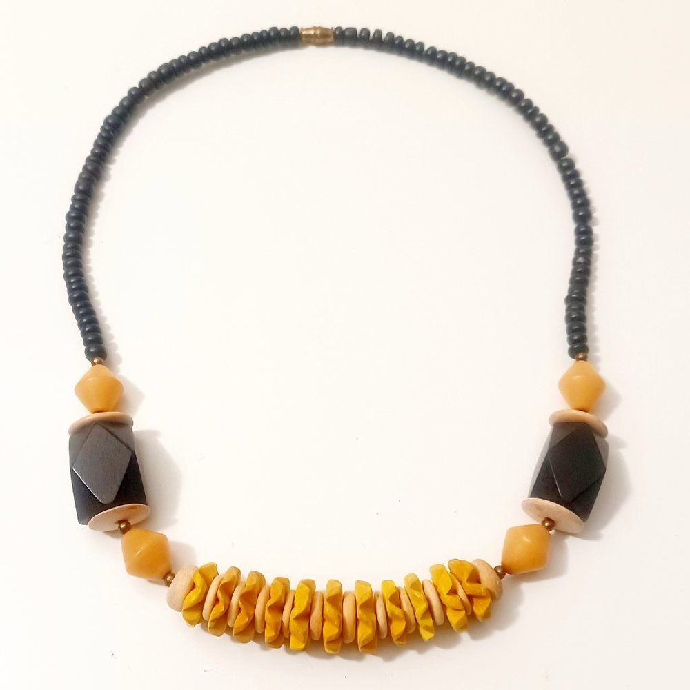 Vintage 1980s Geometric Yellow Brown Wooden Bead Necklace and Earrings Set